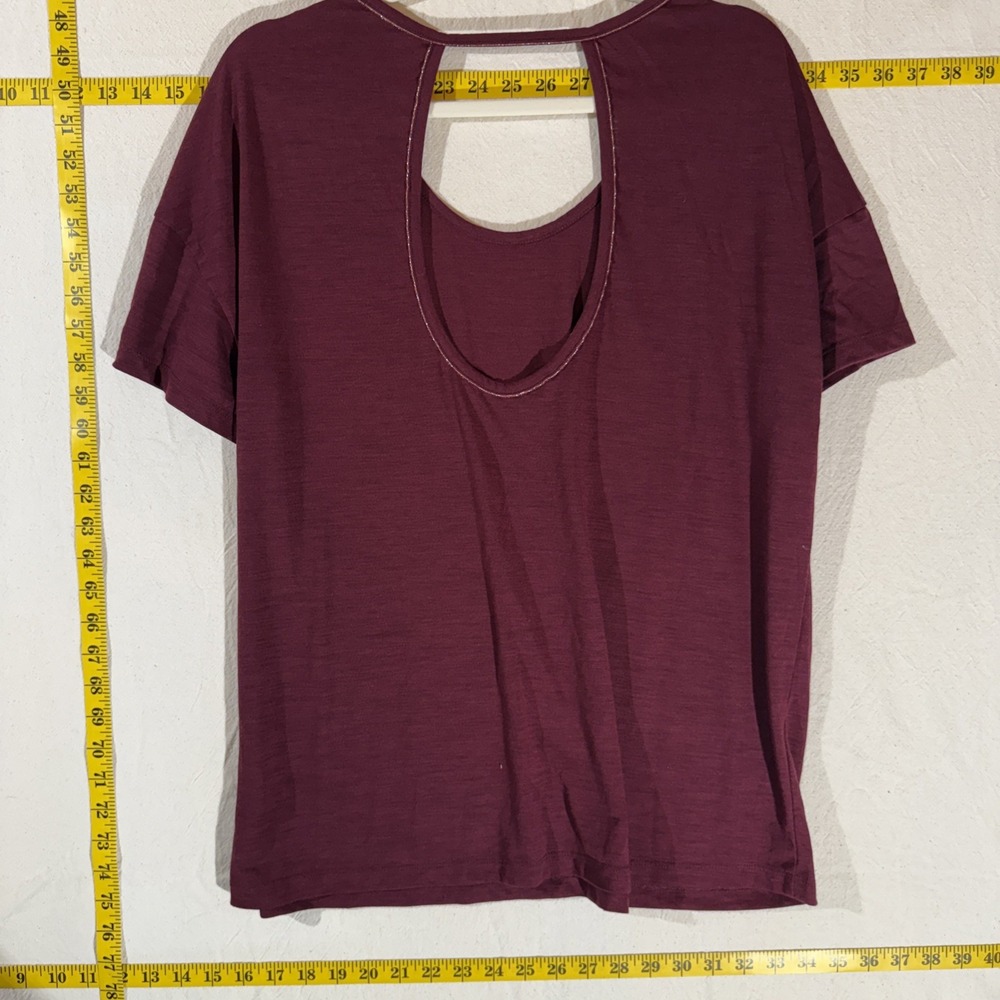 Nike Yoga Dri-Fit Open Back SS Burgundy W/Shimmer Piping Feminine Relaxed Top - Picture 7 of 11